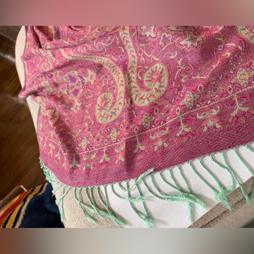 Pashmina Pink and Green Paisley Shawl Wrap Scarf - Picture 2 of 9
